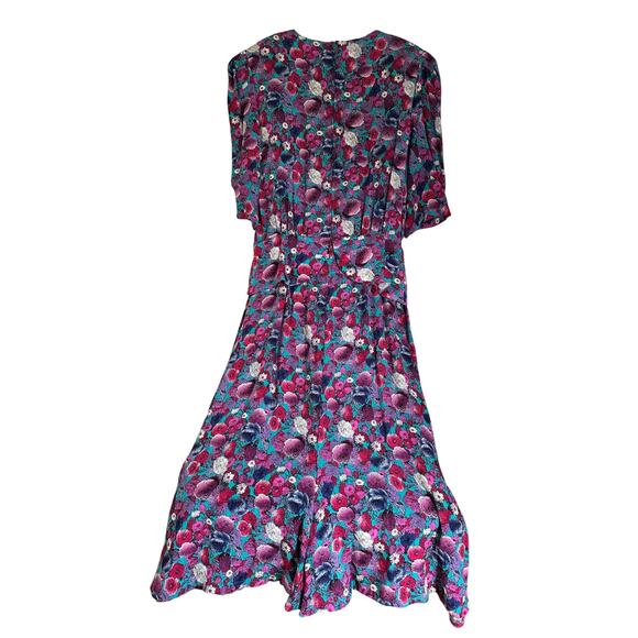 Vintage 1980s Jane Schaffhausen Belle France Prairie Style Teal Floral Dress 10 - Picture 5 of 8